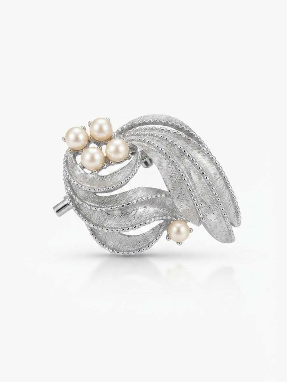Vintage 1960s Silver Tone Leaf Swirl Pearl Brooch | Mid Century Textured Botanic